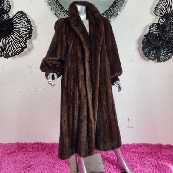 VINTAGE~PLUS 1X/2X~RANCH BROWN MAHOGANY GENUINE REAL FULL LENGTH MINK FUR COAT - Picture 11 of 16